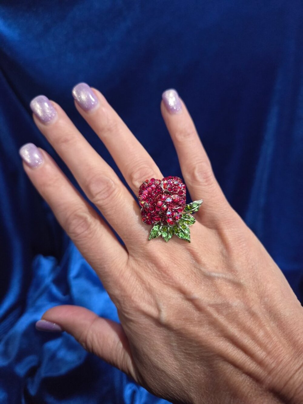 Vintage Red Rhinestones Rose Flower Stretch Ring Silver Tone